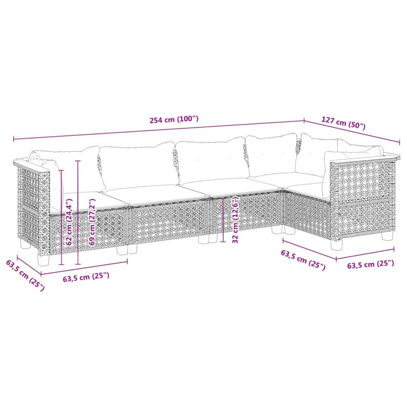 vidaXL 5 Piece Garden Sofa Set with Cushions Grey Poly Rattan