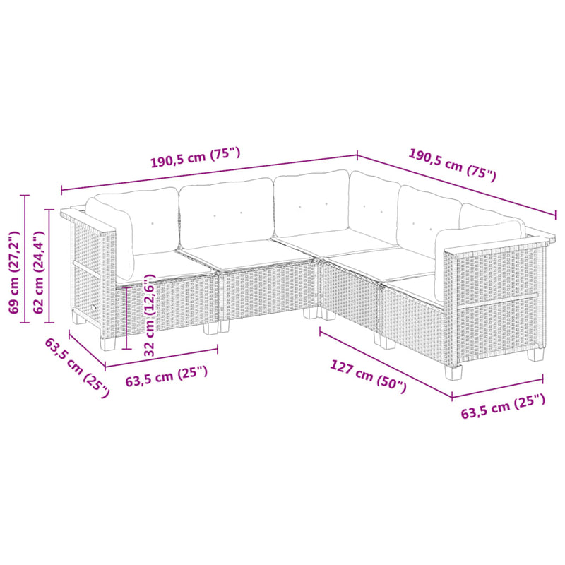 vidaXL 5 Piece Garden Sofa Set with Cushions Black Poly Rattan