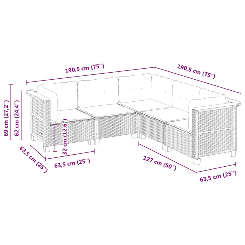 vidaXL 5 Piece Garden Sofa Set with Cushions Grey Poly Rattan