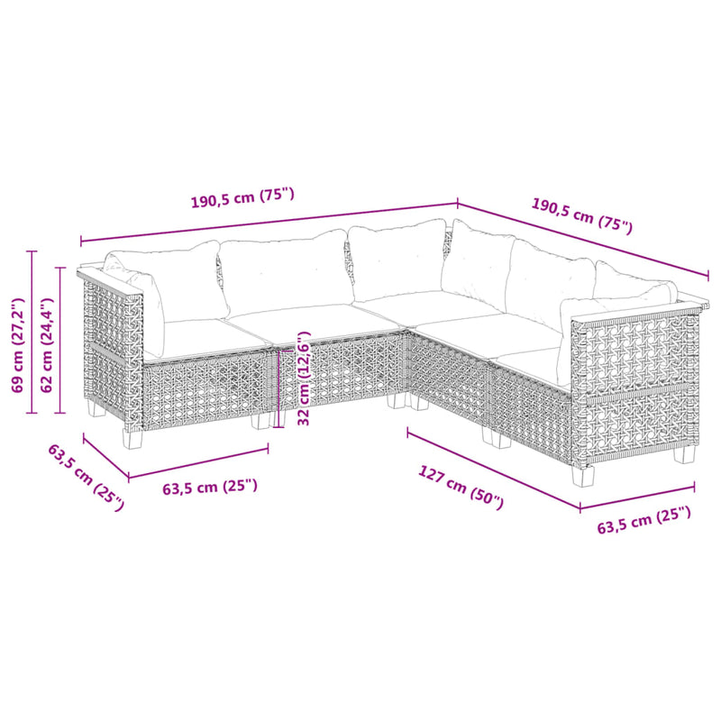 vidaXL 5 Piece Garden Sofa Set with Cushions Black Poly Rattan
