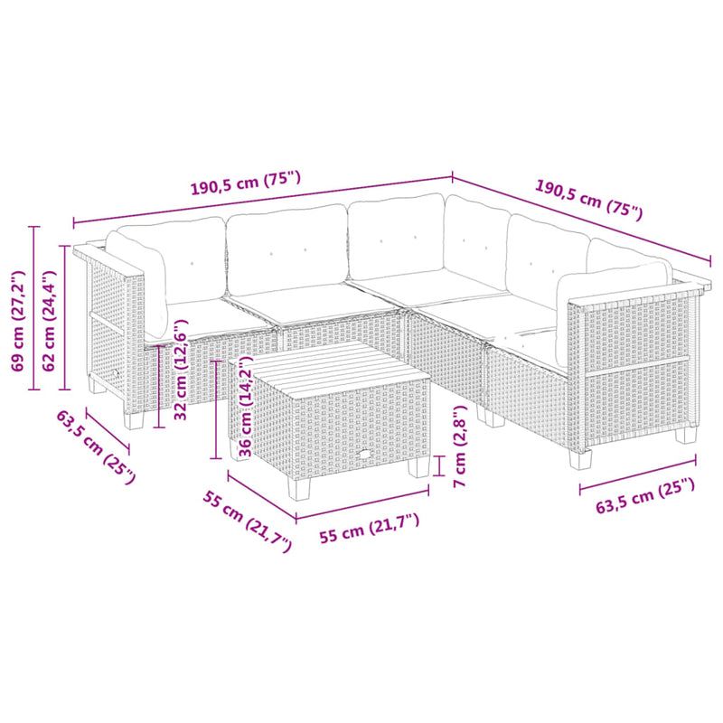 vidaXL 6 Piece Garden Sofa Set with Cushions Black Poly Rattan
