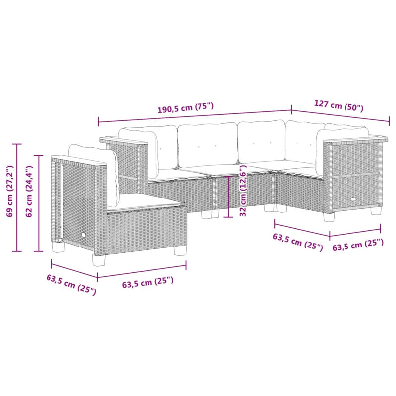 vidaXL 5 Piece Garden Sofa Set with Cushions Grey Poly Rattan