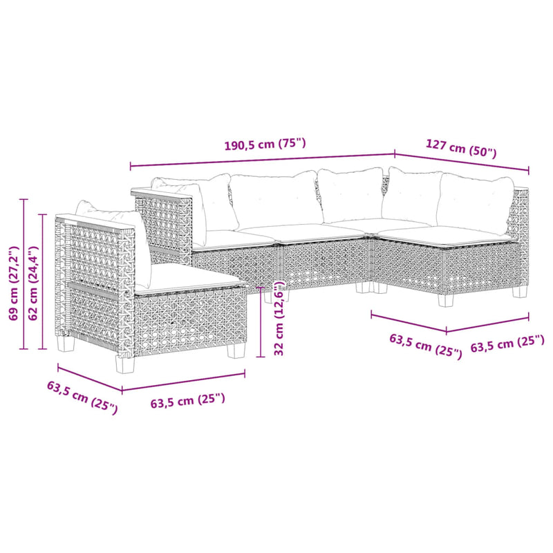 vidaXL 5 Piece Garden Sofa Set with Cushions Black Poly Rattan