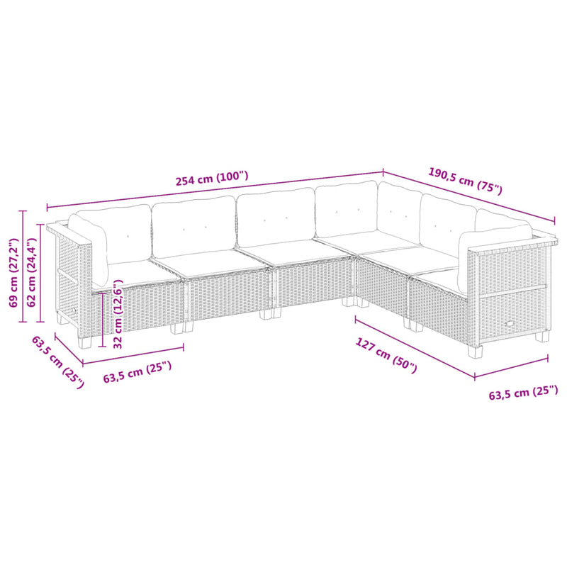 vidaXL 6 Piece Garden Sofa Set with Cushions Grey Poly Rattan