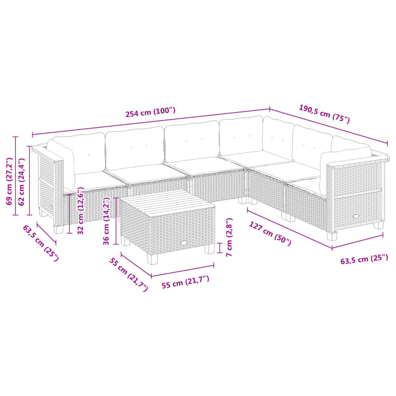 vidaXL 7 Piece Garden Sofa Set with Cushions Black Poly Rattan
