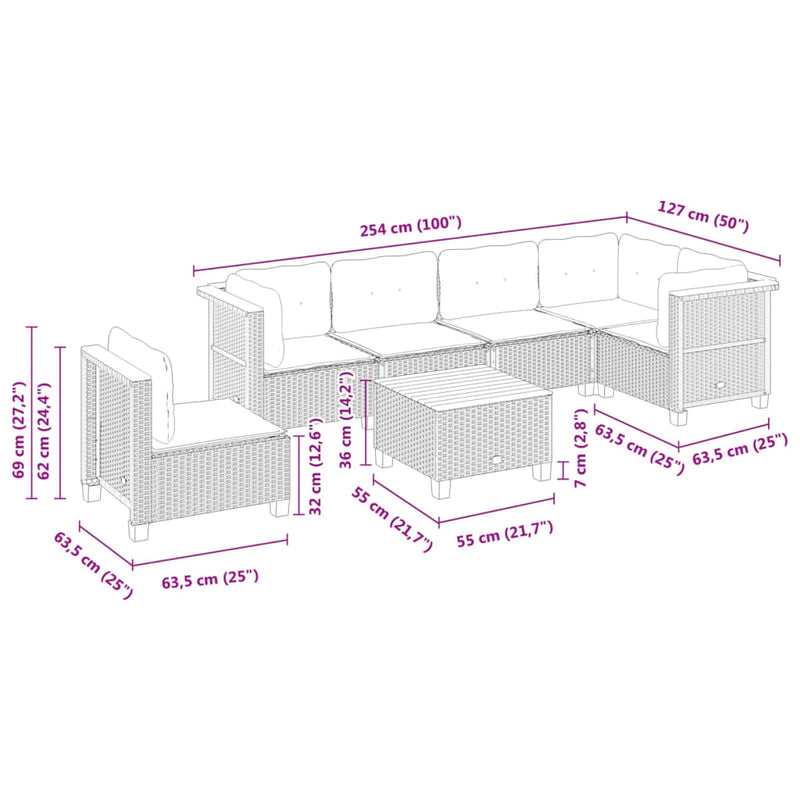 vidaXL 7 Piece Garden Sofa Set with Cushions Black Poly Rattan