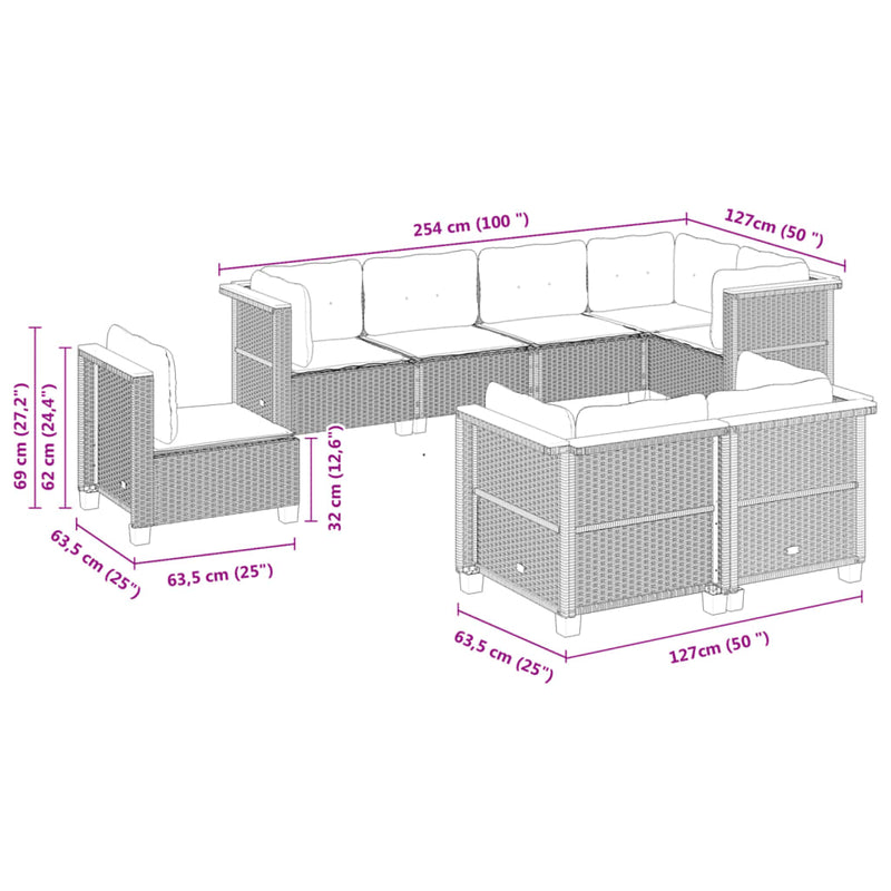vidaXL 8 Piece Garden Sofa Set with Cushions Grey Poly Rattan