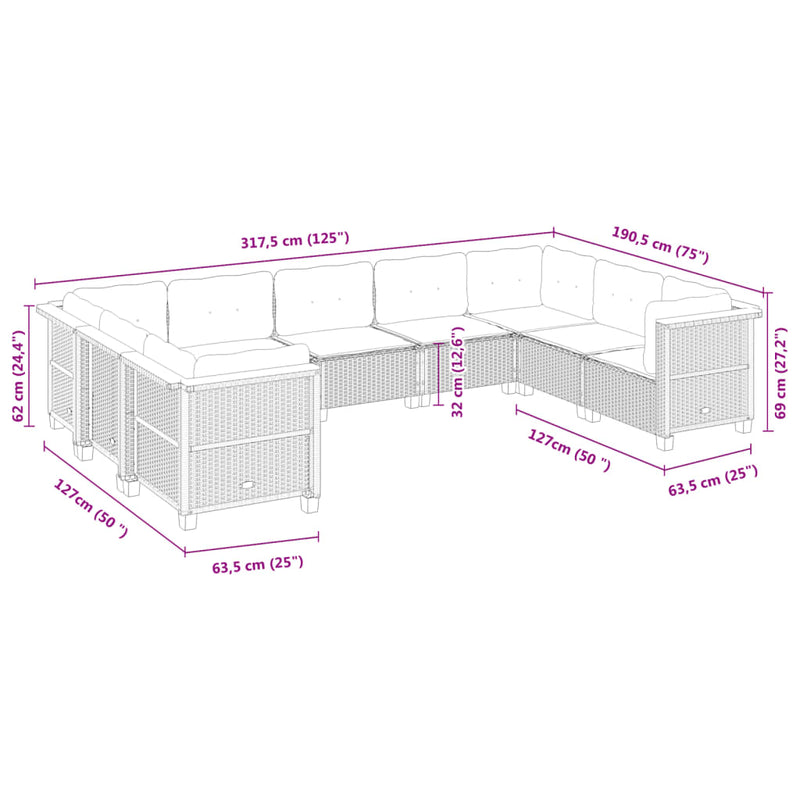 vidaXL 9 Piece Garden Sofa Set with Cushions Grey Poly Rattan