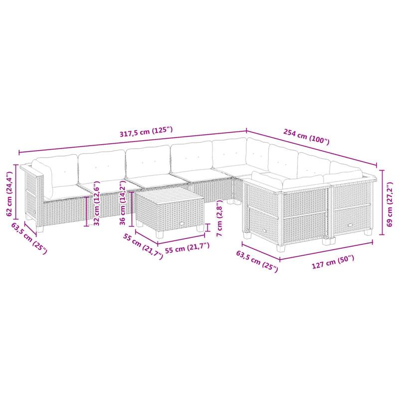 vidaXL 10 Piece Garden Sofa Set with Cushions Black Poly Rattan