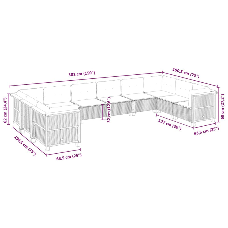 vidaXL 10 Piece Garden Sofa Set with Cushions Black Poly Rattan