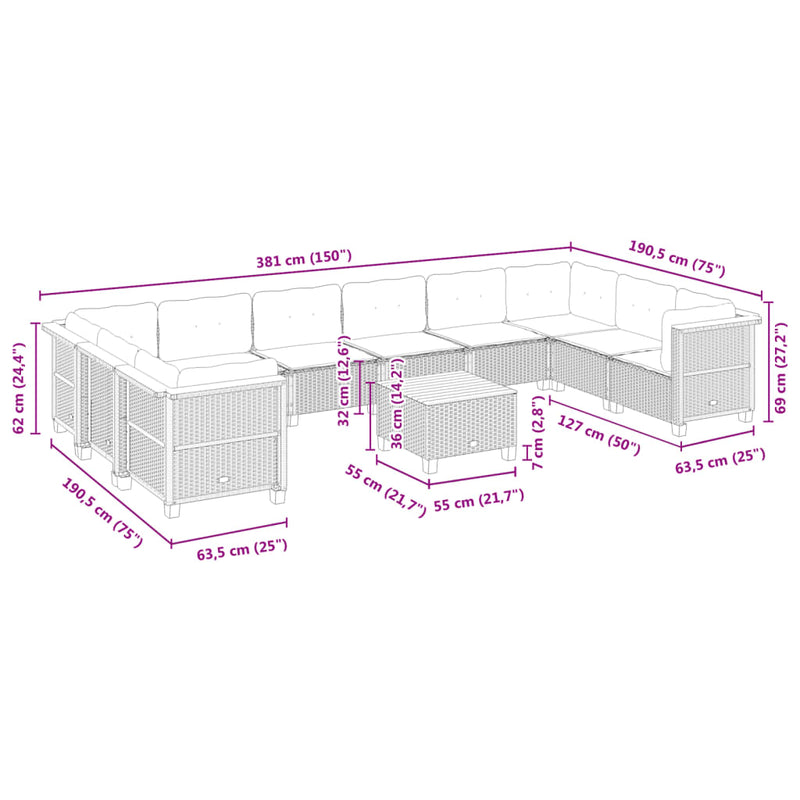 vidaXL 11 Piece Garden Sofa Set with Cushions Black Poly Rattan