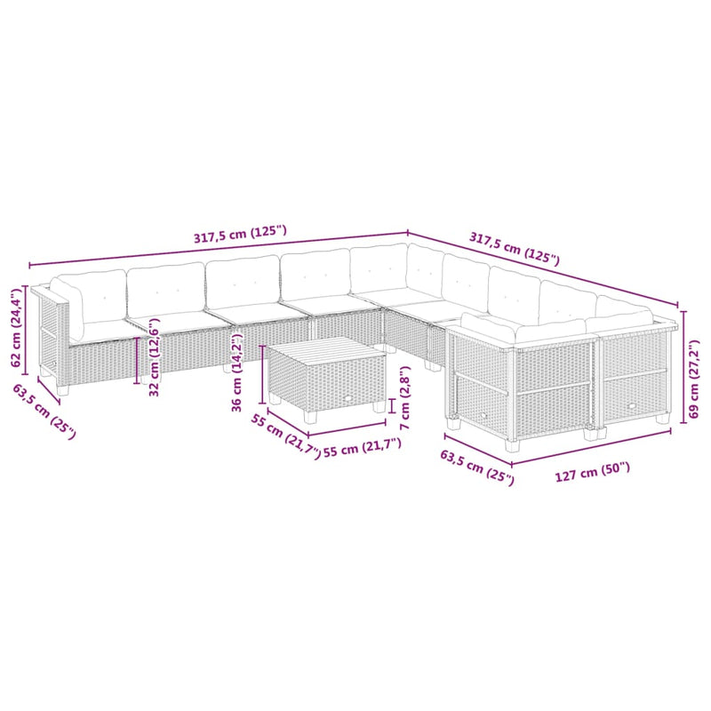 vidaXL 11 Piece Garden Sofa Set with Cushions Black Poly Rattan