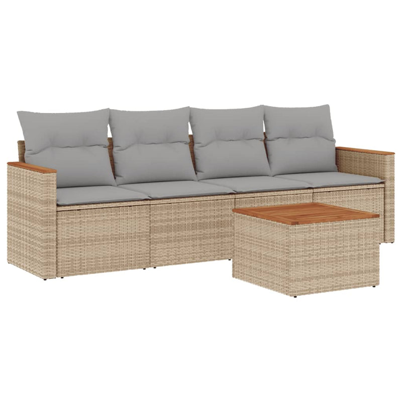 5 Piece Garden Sofa Set with Cushions Beige Poly Rattan