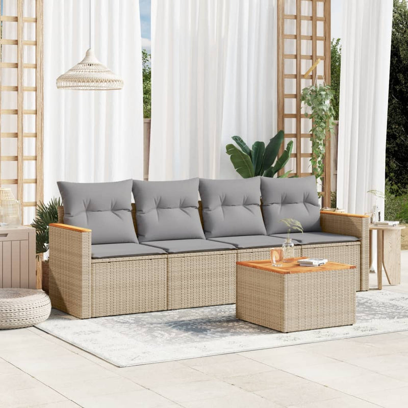 5 Piece Garden Sofa Set with Cushions Beige Poly Rattan