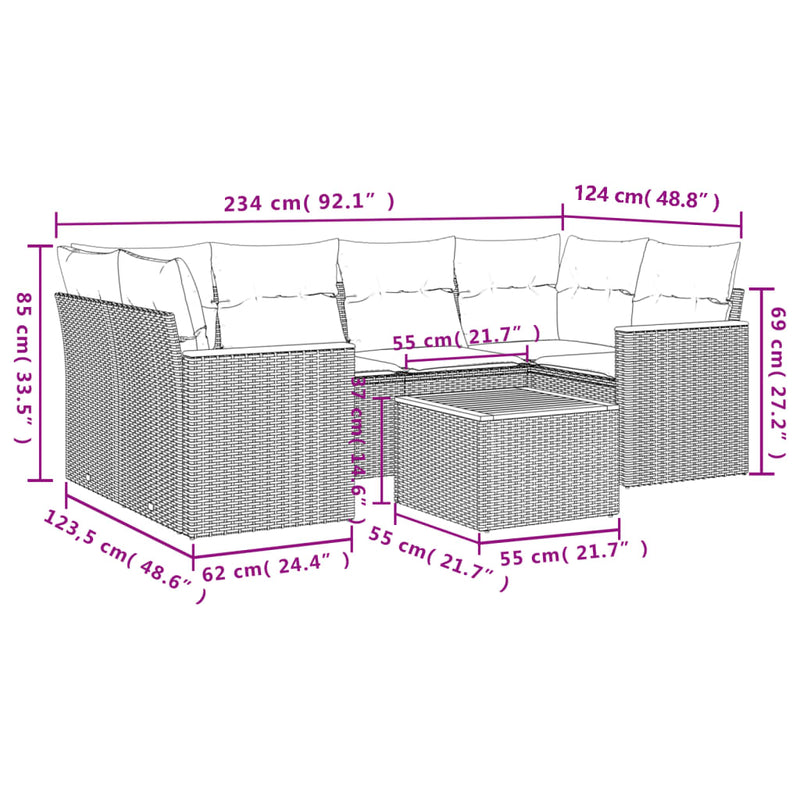 7 Piece Garden Sofa Set with Cushions Beige Poly Rattan