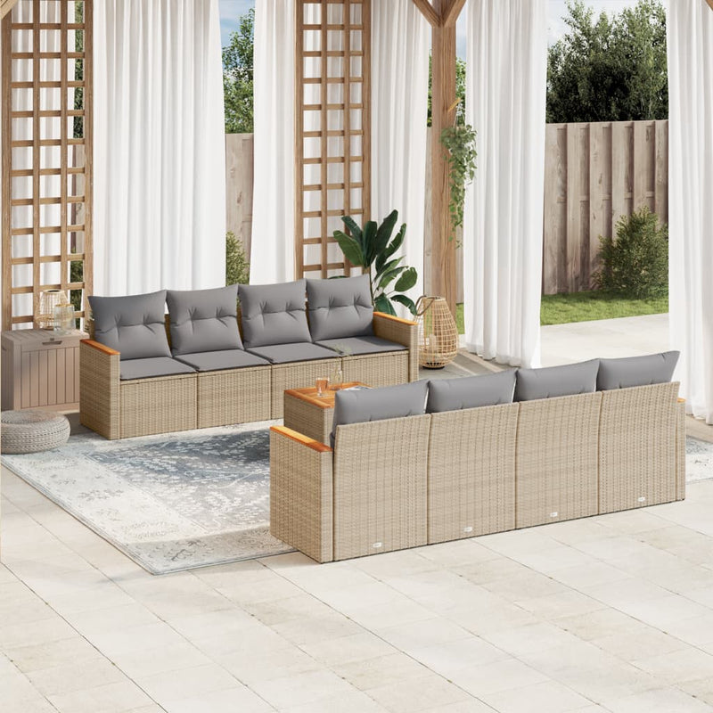 9 Piece Garden Sofa Set with Cushions Beige Poly Rattan