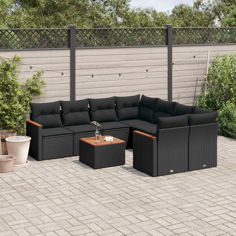 vidaXL 9 Piece Garden Sofa Set with Cushions Black Poly Rattan