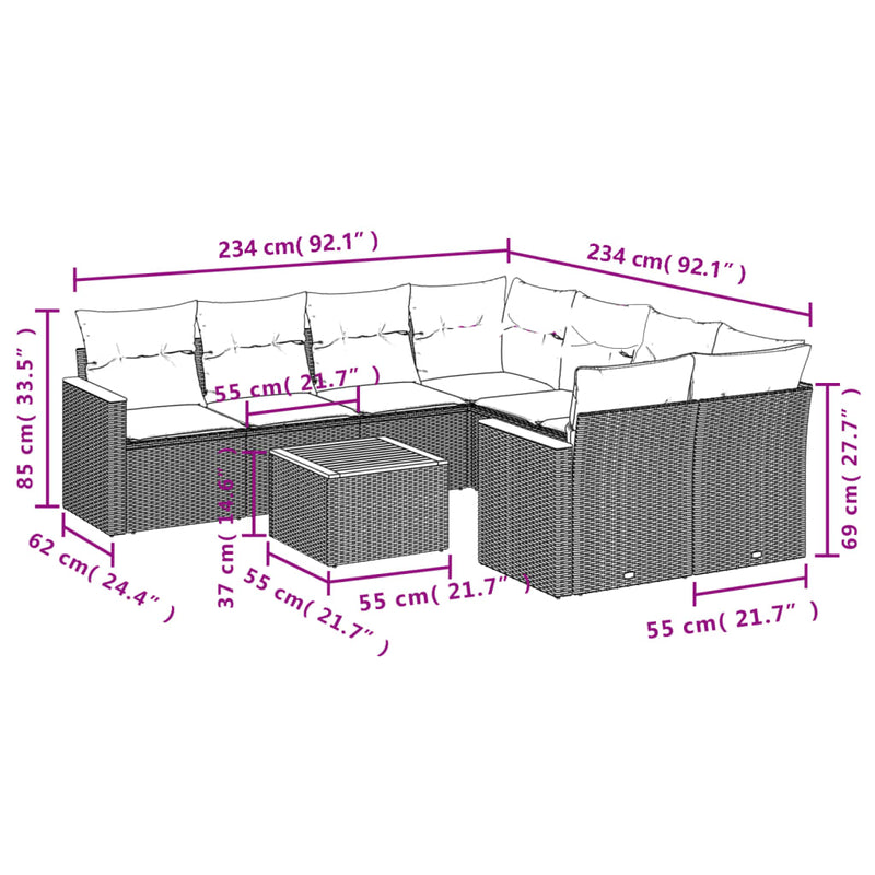 vidaXL 9 Piece Garden Sofa Set with Cushions Grey Poly Rattan