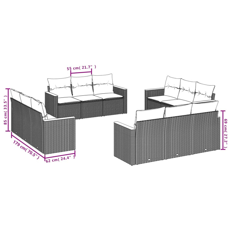 vidaXL 12 Piece Garden Sofa Set with Cushions Grey Poly Rattan