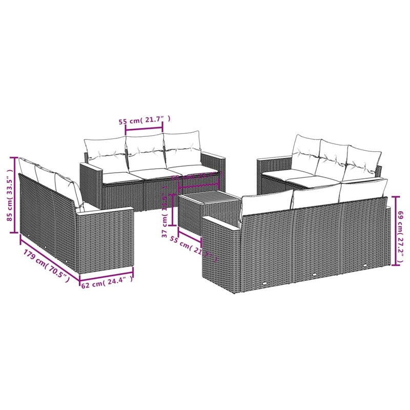 vidaXL 13 Piece Garden Sofa Set with Cushions Grey Poly Rattan