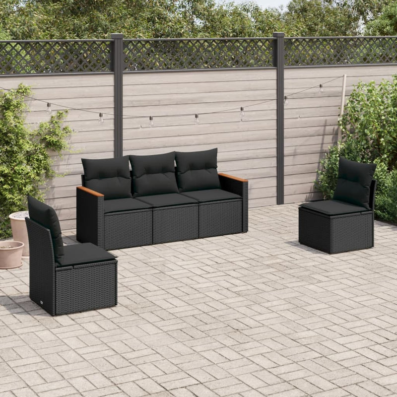 vidaXL 5 Piece Garden Sofa Set with Cushions Black Poly Rattan