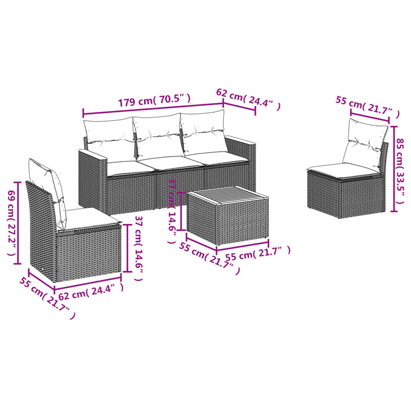 vidaXL 6 Piece Garden Sofa Set with Cushions Grey Poly Rattan