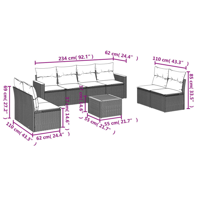 vidaXL 9 Piece Garden Sofa Set with Cushions Grey Poly Rattan