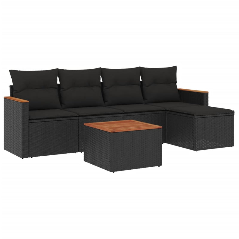 6 Piece Garden Sofa Set with Cushions Black Poly Rattan