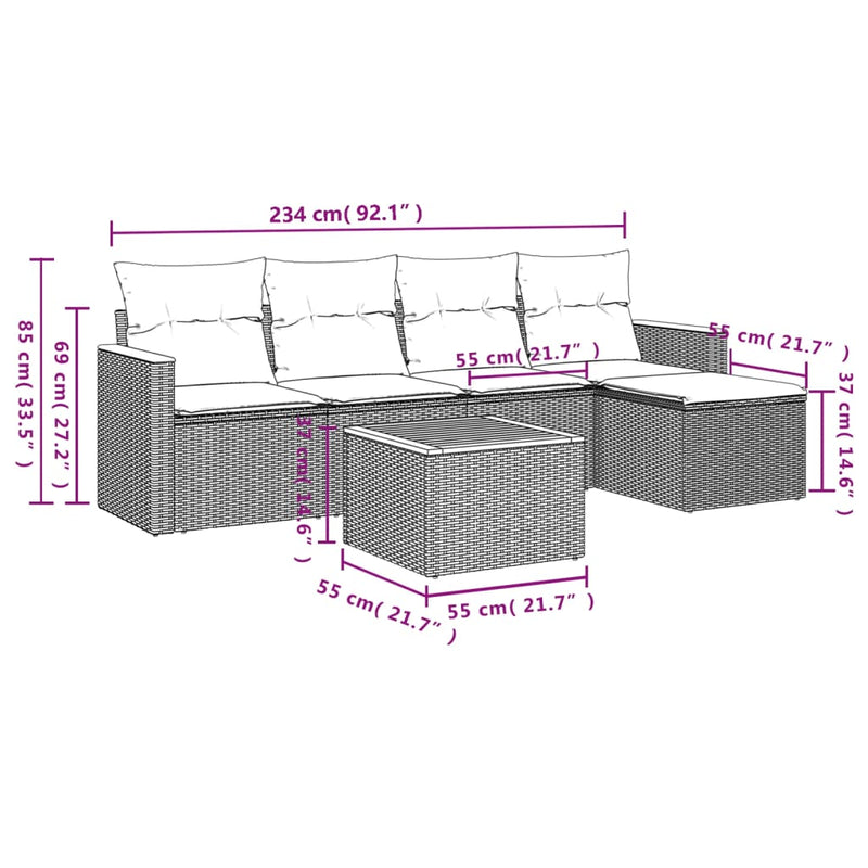 vidaXL 6 Piece Garden Sofa Set with Cushions Grey Poly Rattan