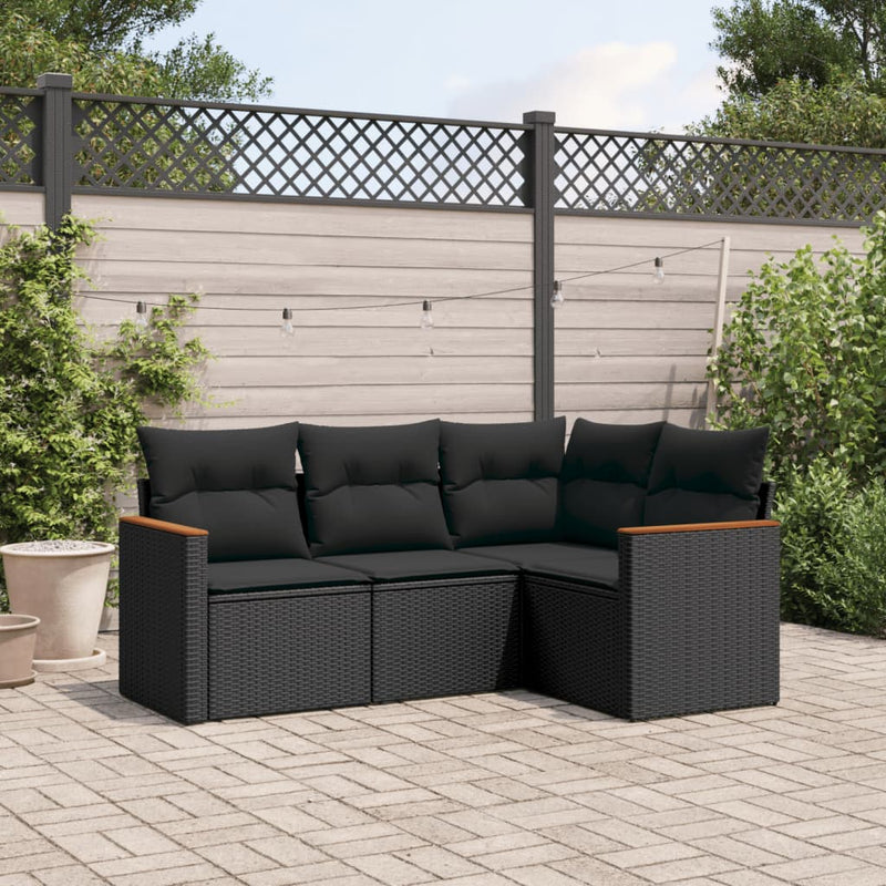 4 Piece Garden Sofa Set with Cushions Black Poly Rattan