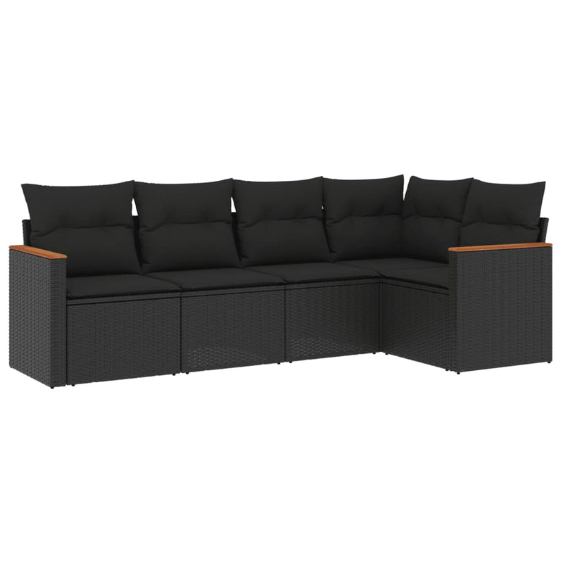 5 Piece Garden Sofa Set with Cushions Black Poly Rattan