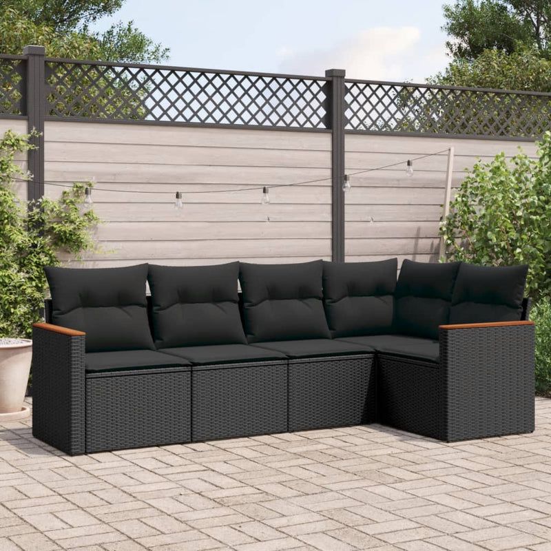 5 Piece Garden Sofa Set with Cushions Black Poly Rattan