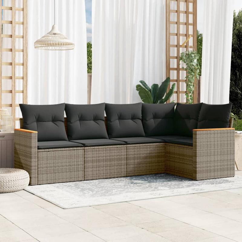vidaXL 5 Piece Garden Sofa Set with Cushions Grey Poly Rattan