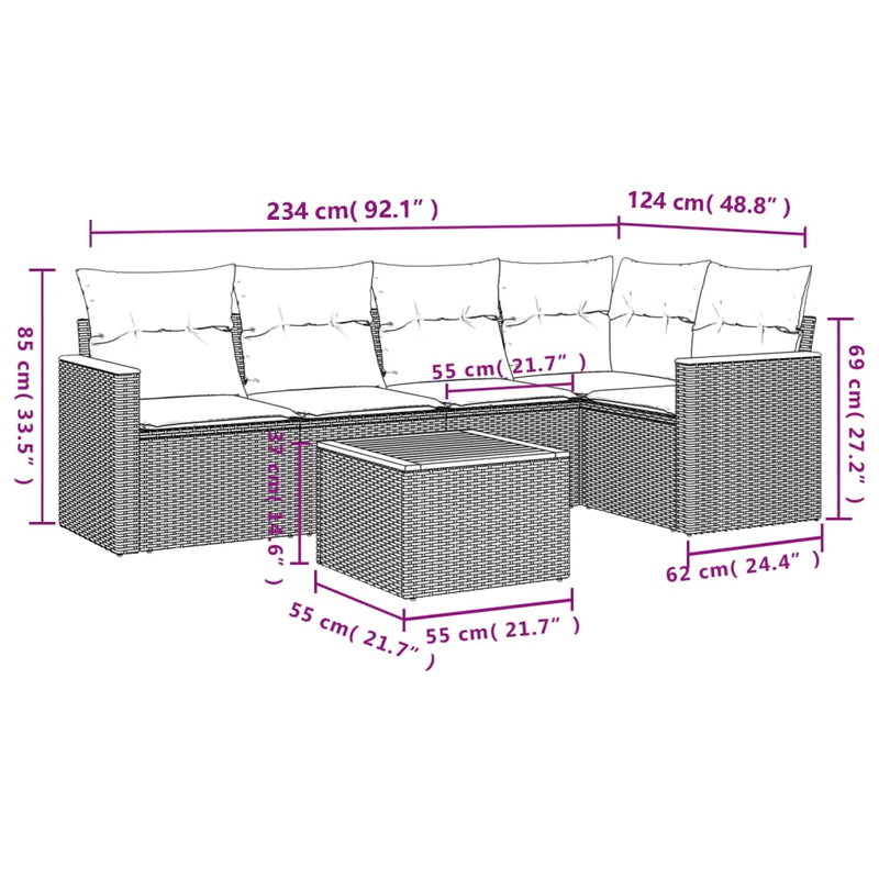vidaXL 6 Piece Garden Sofa Set with Cushions Grey Poly Rattan