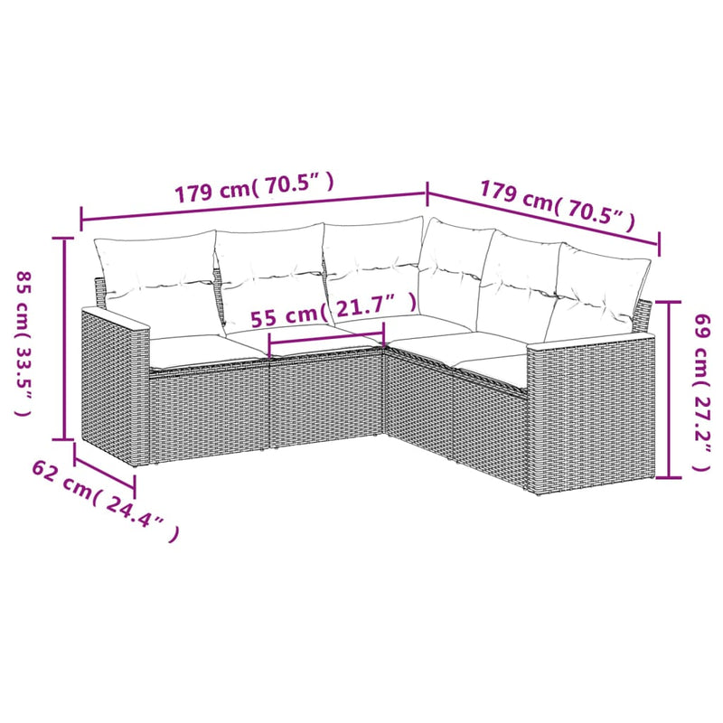vidaXL 5 Piece Garden Sofa Set with Cushions Grey Poly Rattan