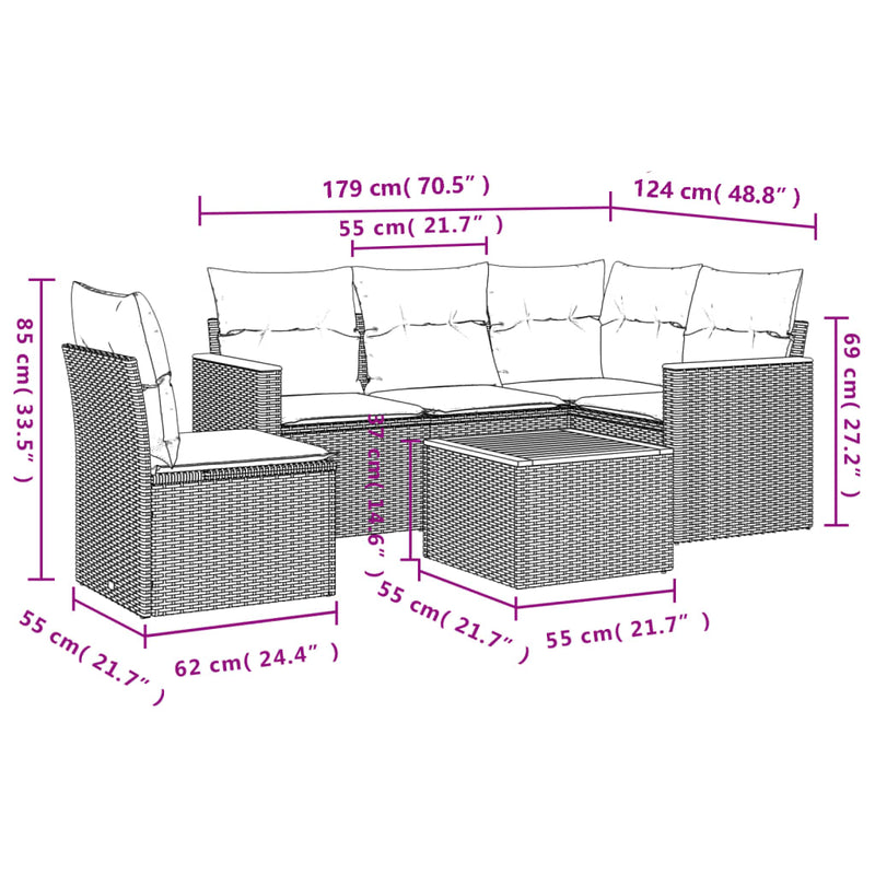 vidaXL 6 Piece Garden Sofa Set with Cushions Grey Poly Rattan