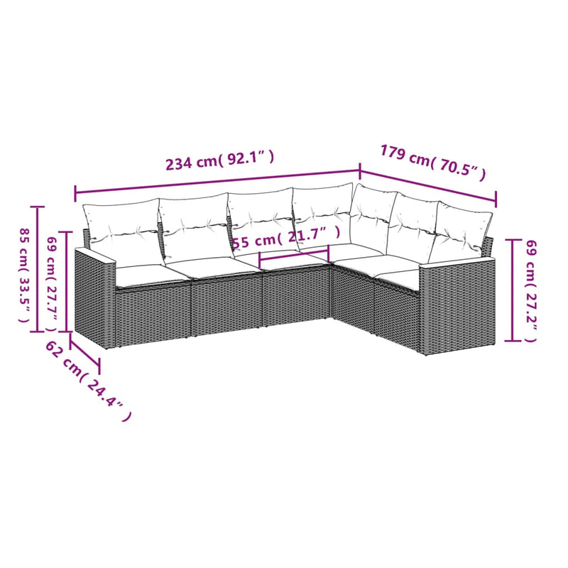 vidaXL 6 Piece Garden Sofa Set with Cushions Black Poly Rattan