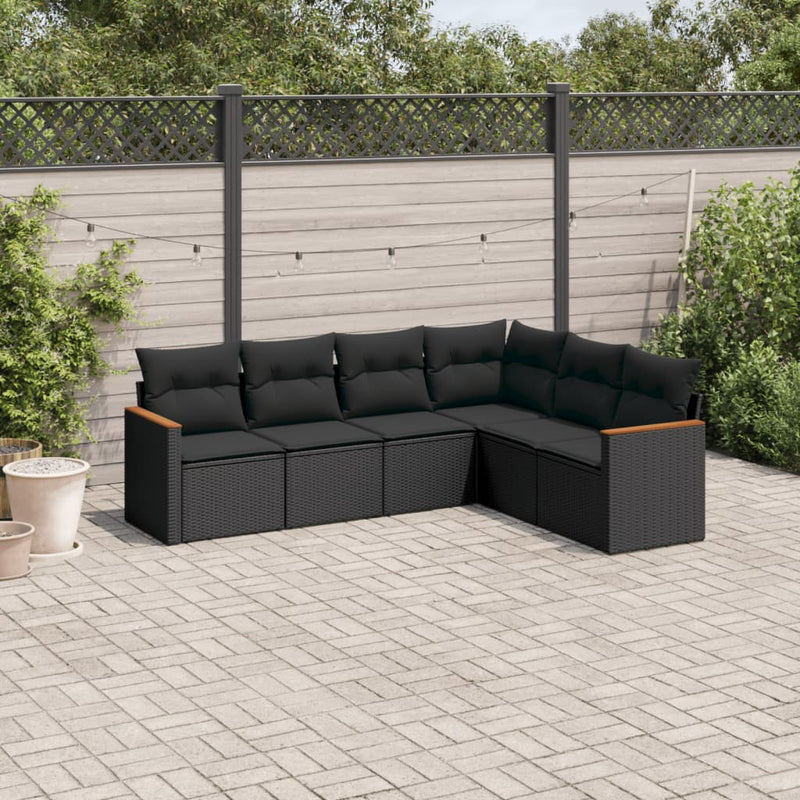 6 Piece Garden Sofa Set with Cushions Black Poly Rattan