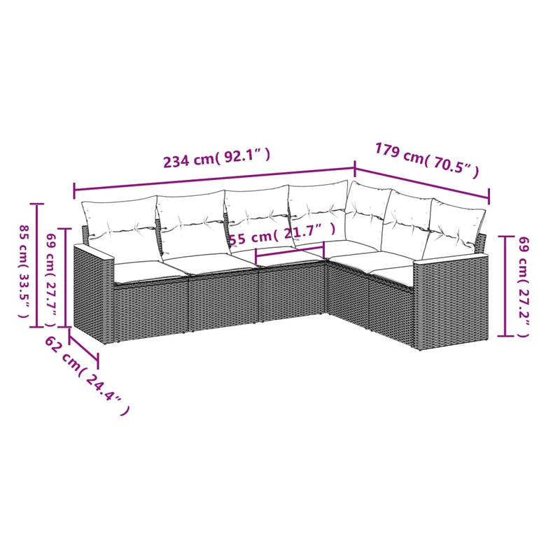 vidaXL 6 Piece Garden Sofa Set with Cushions Grey Poly Rattan