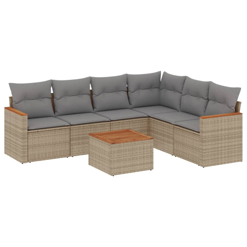 7 Piece Garden Sofa Set with Cushions Beige Poly Rattan