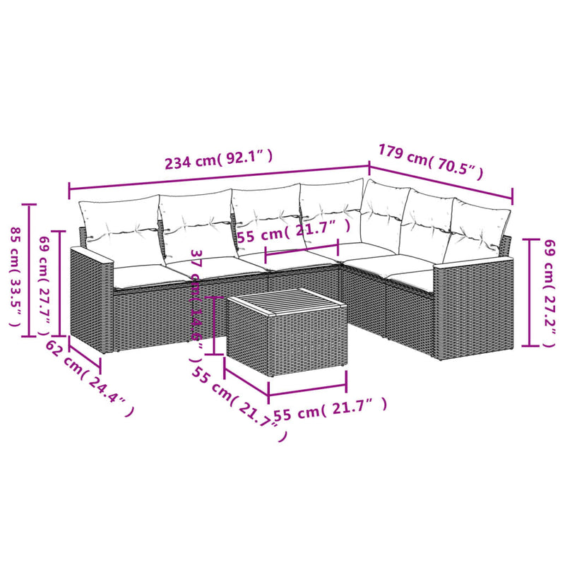 vidaXL 7 Piece Garden Sofa Set with Cushions Grey Poly Rattan
