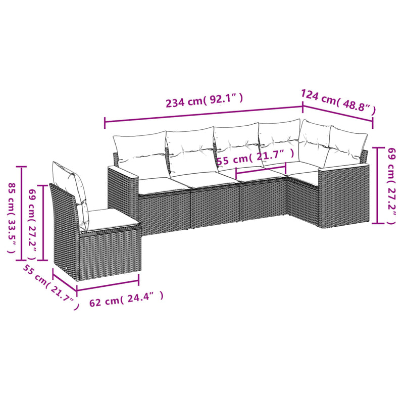 vidaXL 6 Piece Garden Sofa Set with Cushions Grey Poly Rattan