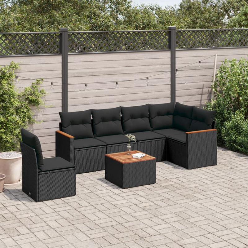 7 Piece Garden Sofa Set with Cushions Black Poly Rattan