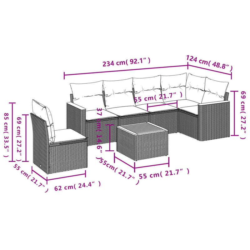 vidaXL 7 Piece Garden Sofa Set with Cushions Black Poly Rattan