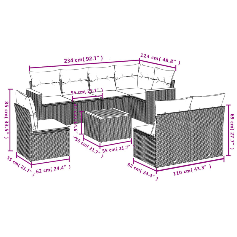 vidaXL 9 Piece Garden Sofa Set with Cushions Grey Poly Rattan
