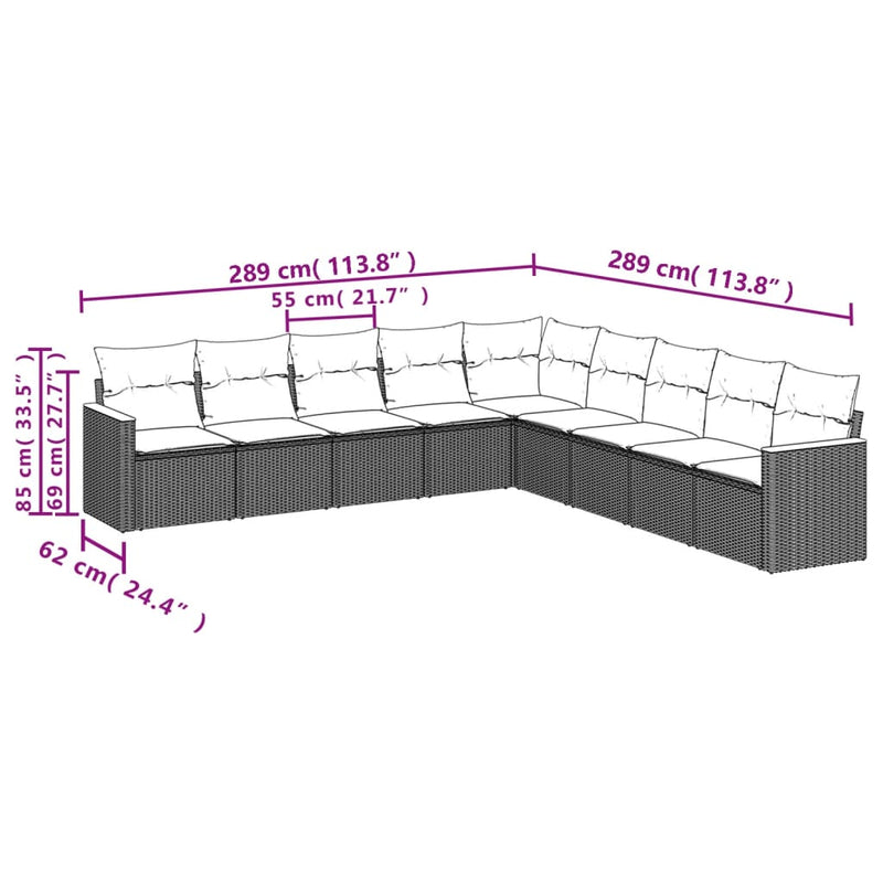 vidaXL 9 Piece Garden Sofa Set with Cushions Grey Poly Rattan