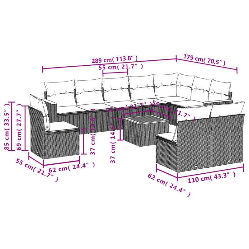vidaXL 11 Piece Garden Sofa Set with Cushions Black Poly Rattan