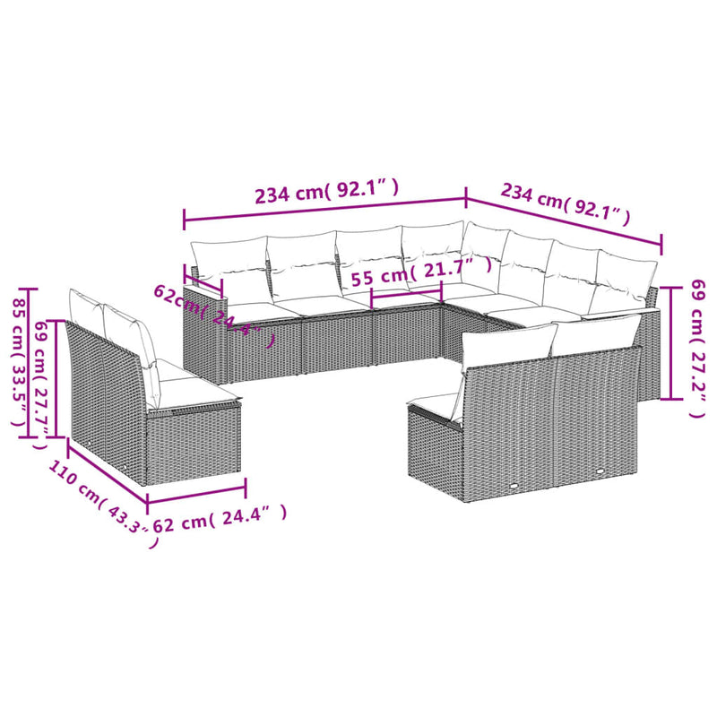 vidaXL 11 Piece Garden Sofa Set with Cushions Grey Poly Rattan