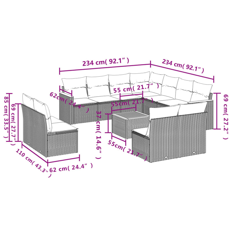 12 Piece Garden Sofa Set with Cushions Grey Poly Rattan