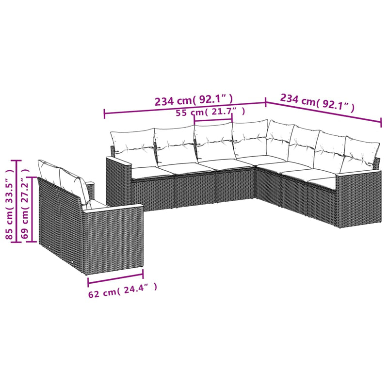 vidaXL 9 Piece Garden Sofa Set with Cushions Grey Poly Rattan